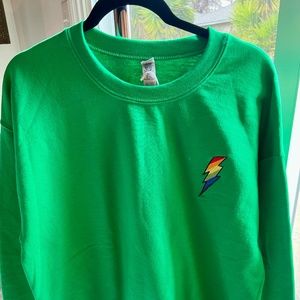 NWOT, custom made, green sweatshirt with lightning bolt/rainbow embroidery